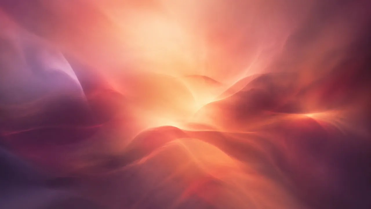 Diffused apricot and coral light opening through muted plum and dusty rose.