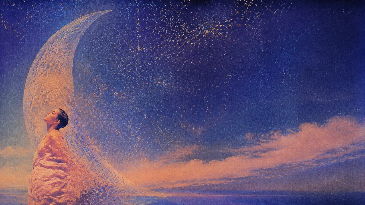 A crescent moon over a field of stars.